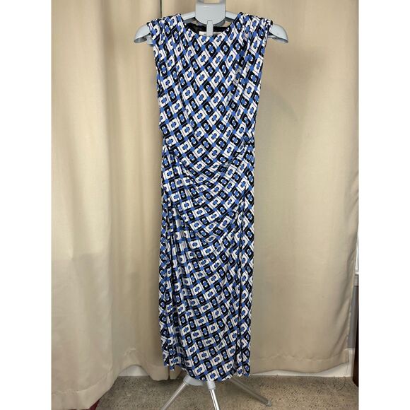 Diane von Furstenberg Blue Geometric Print Draped Midi Dress – Size S - Picture 1 of 6